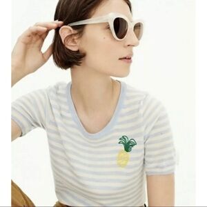 J Crew Womens Sz S Blue 100% Merino Wool Striped Pineapple Embroidered Sweater
